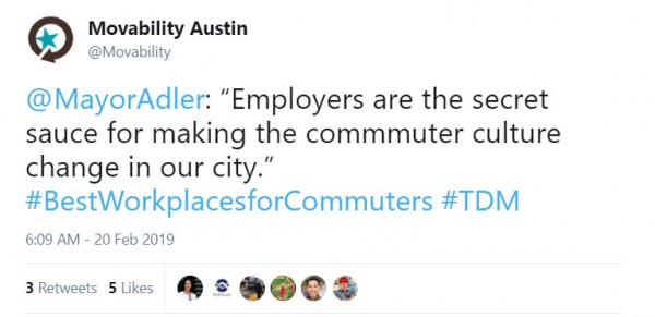 Movability Austin tweet 2019 Best Workplaces for Commuters