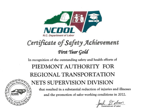 PART Team Earns Safety Award from NC Department of Labor