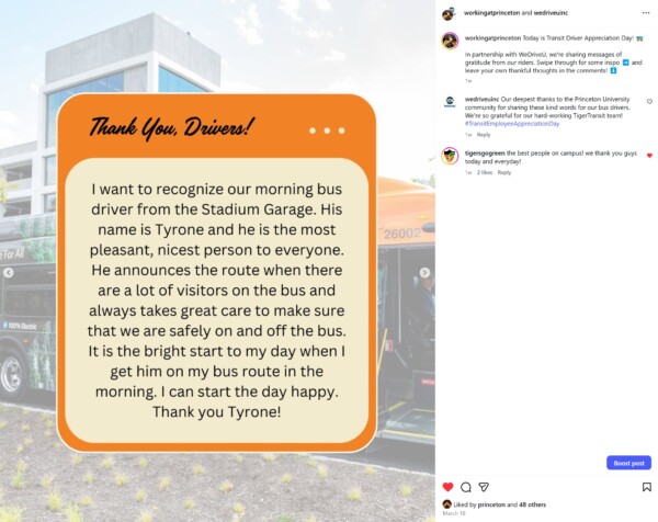 Princeton Tiger Transit WeDriveU Bus Driver Appreciation
