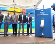 (L-R): Ryan McPherson, Chief Sustainability Officer of UB; Laura Hubbard, Vice President for UB's Finance and Administration; Chris Austin, Director of UB Parking and Transportation Services; Tim Wayland, Chief Commercial Officer at WeDriveU; Matthew Curwood, Vice President of Business Development at Zenobē