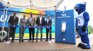 (L-R): Ryan McPherson, Chief Sustainability Officer of UB; Laura Hubbard, Vice President for UB's Finance and Administration; Chris Austin, Director of UB Parking and Transportation Services; Tim Wayland, Chief Commercial Officer at WeDriveU; Matthew Curwood, Vice President of Business Development at Zenobē