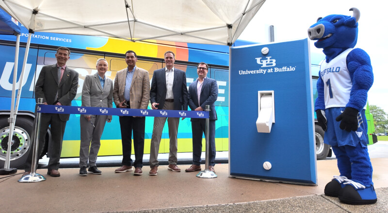 (L-R): Ryan McPherson, Chief Sustainability Officer of UB; Laura Hubbard, Vice President for UB's Finance and Administration; Chris Austin, Director of UB Parking and Transportation Services; Tim Wayland, Chief Commercial Officer at WeDriveU; Matthew Curwood, Vice President of Business Development at Zenobē
